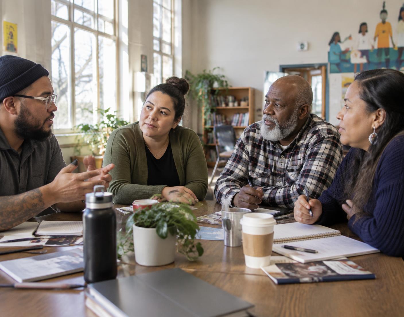 Community partners in conversation around a table